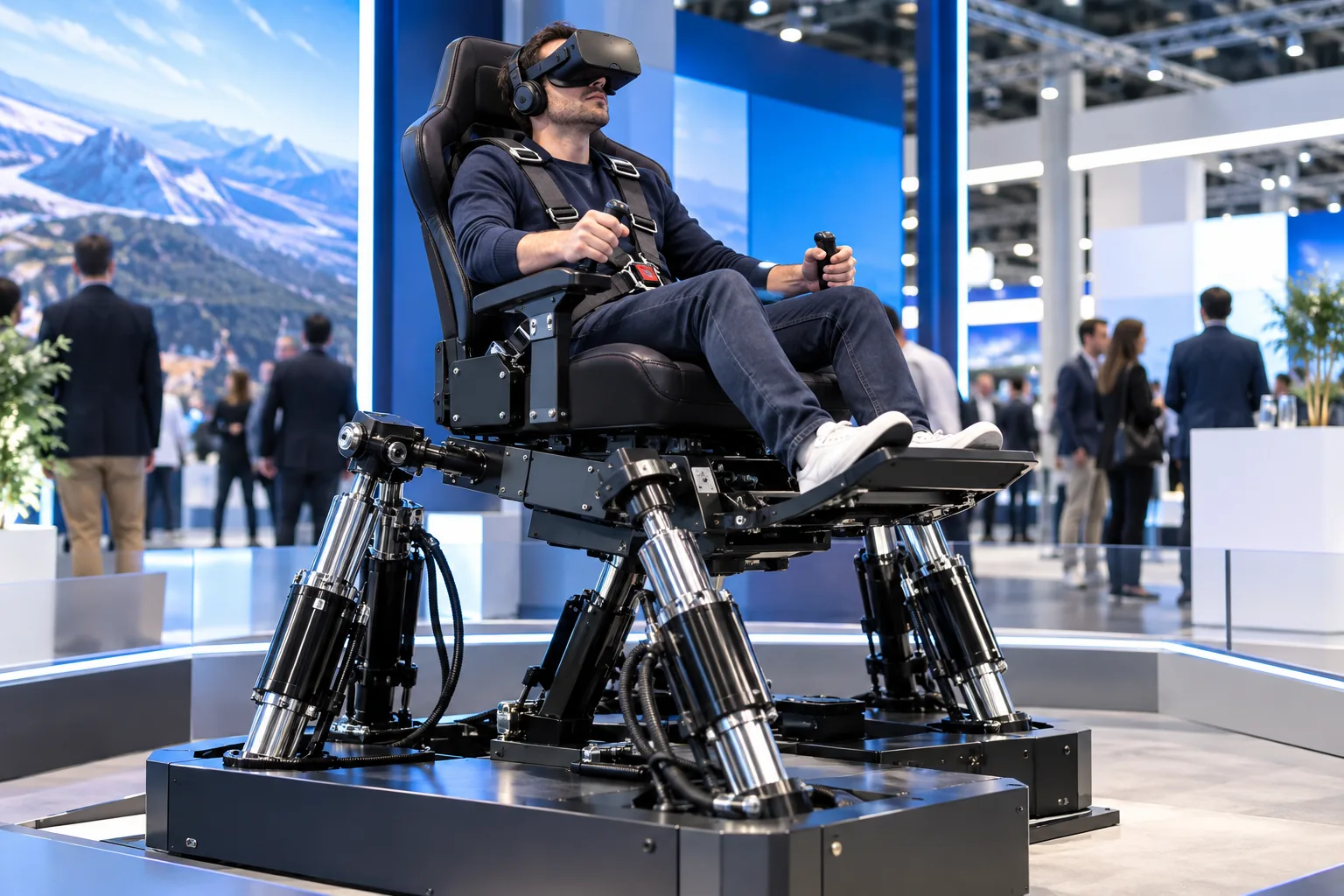 VR motion simulator at a trade exhibition in Cannes · illustration