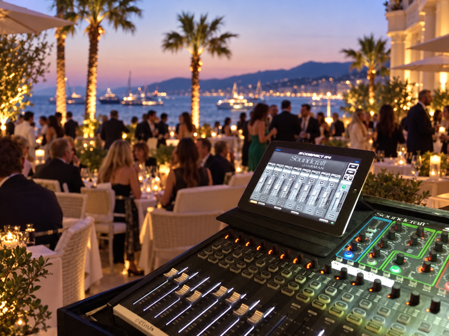 Mixing desk in the foreground and an event stage in the background · illustrative image